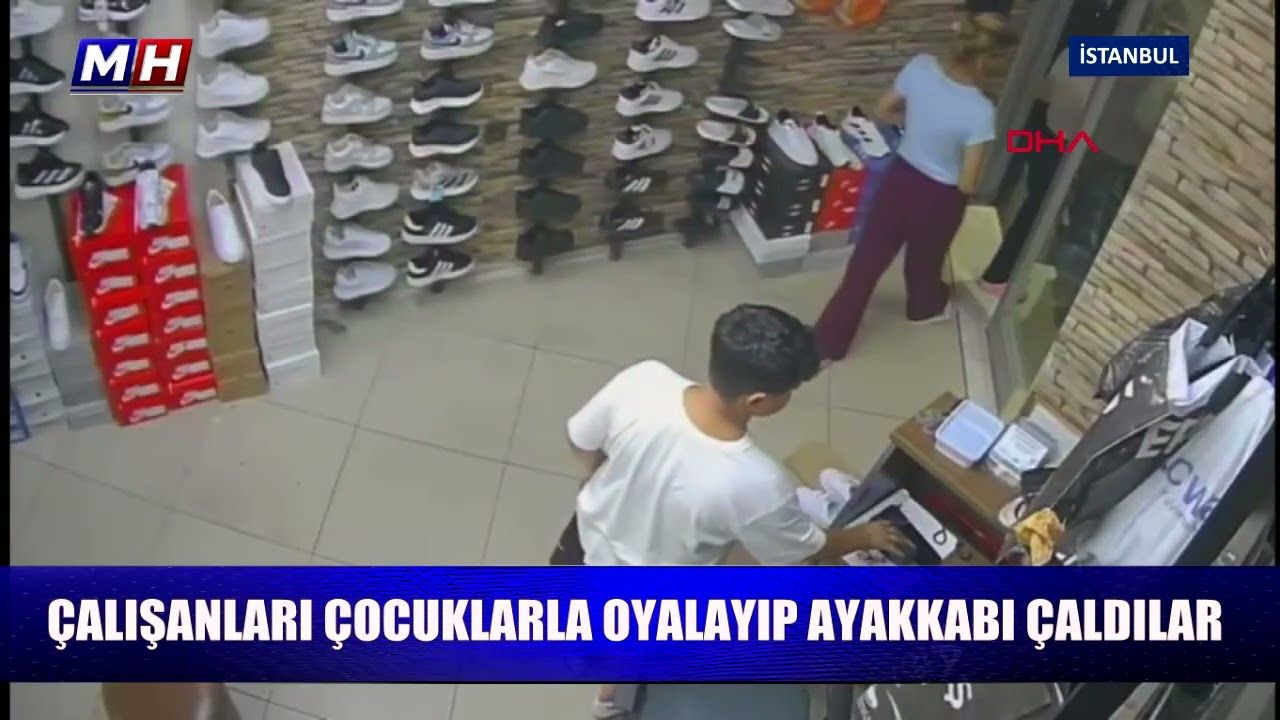 Çalışanları çocuklarla oyalayıp ayakkabı çaldılar